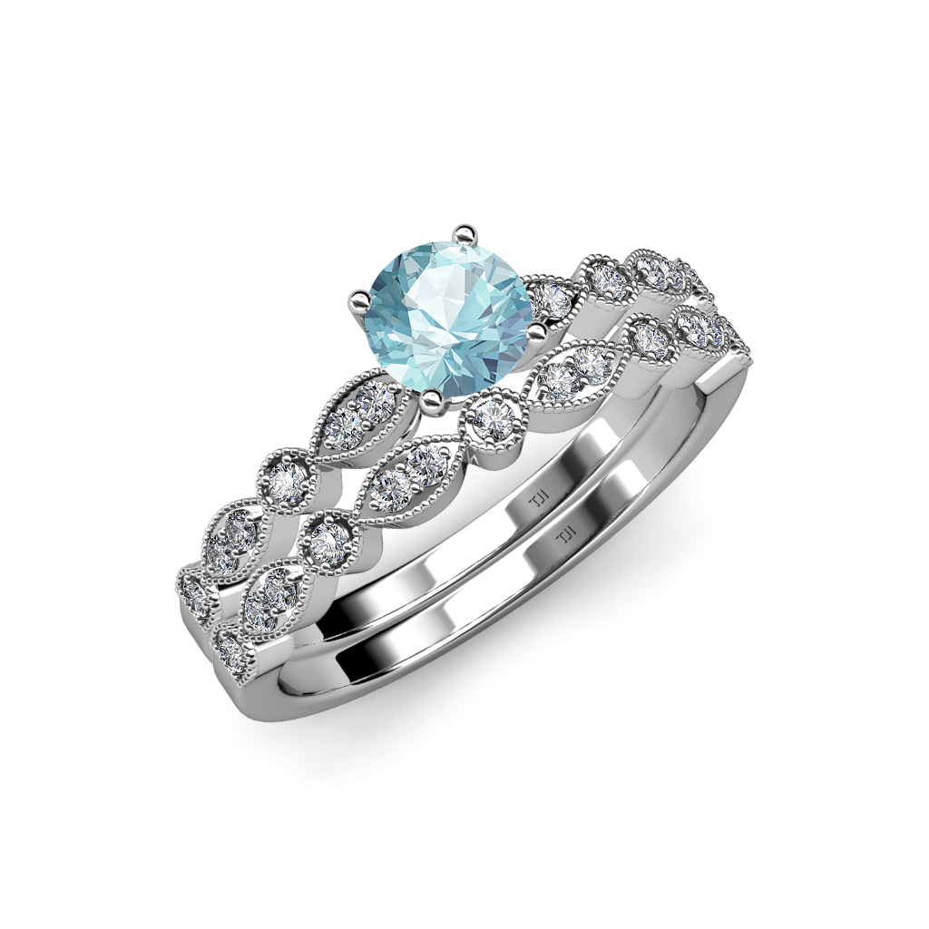 Aquamarine & Diamond Marquise Bridal Set Ring & Wedding
