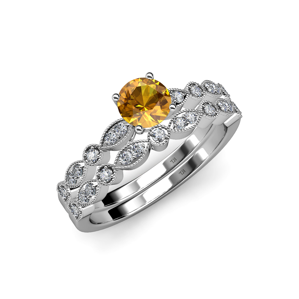 Citrine & Diamond Marquise Bridal Set Ring & Wedding Band