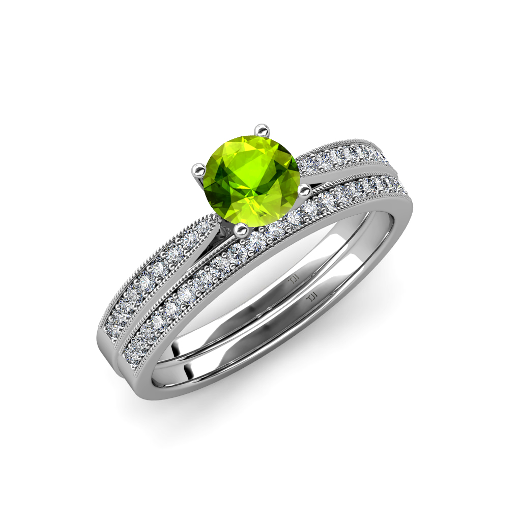 Peridot & Diamond Engagement Ring & Wedding Band Set 1.50 ct tw in 14K