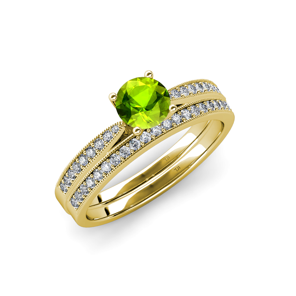 Peridot & Diamond Engagement Ring & Wedding Band Set 1.50 ct tw in 14K