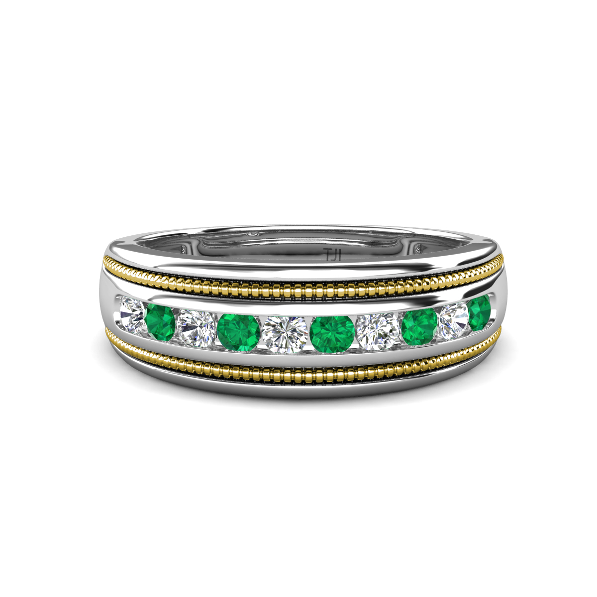 Zaid 0.43 ctw Round Lab Grown Diamond and Emerald Two Toned and High Polished Edges Men Wedding Band (8 mm) 