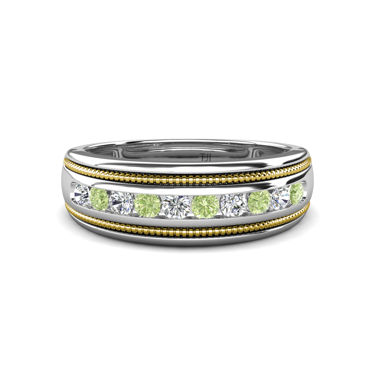 Zaid 0.50 ctw Round Lab Grown Diamond and Peridot Two Toned and High Polished Edges Men Wedding Band (8 mm) 