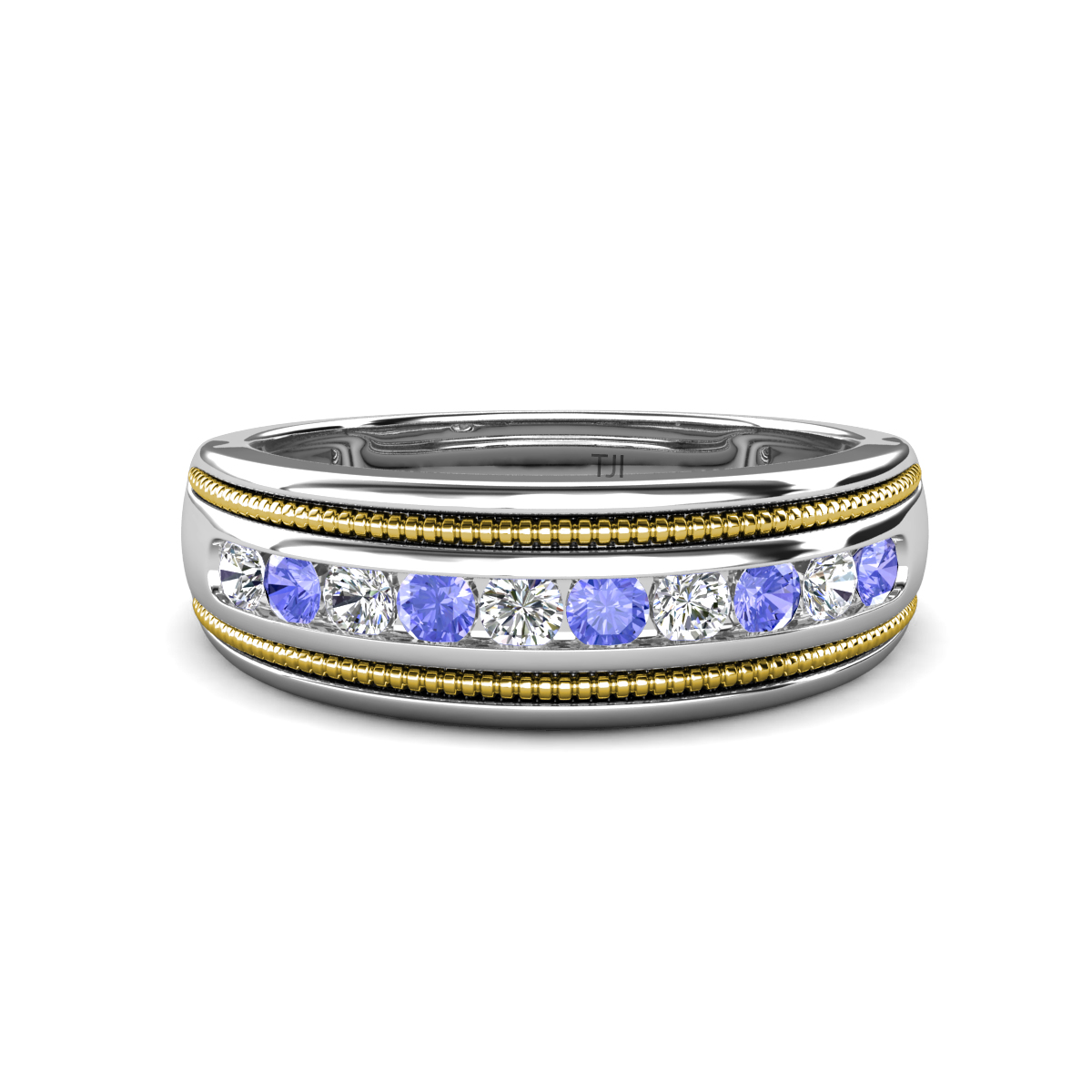 Zaid 0.50 ctw Round Lab Grown Diamond and Tanzanite Two Toned and High Polished Edges Men Wedding Band (8 mm) 