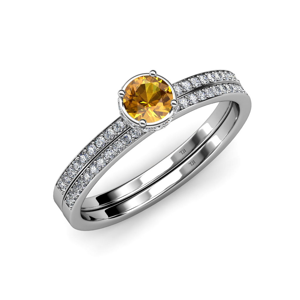 Citrine and Diamond Halo Engagement Ring & Wedding Band Set 0.90 cttw ...