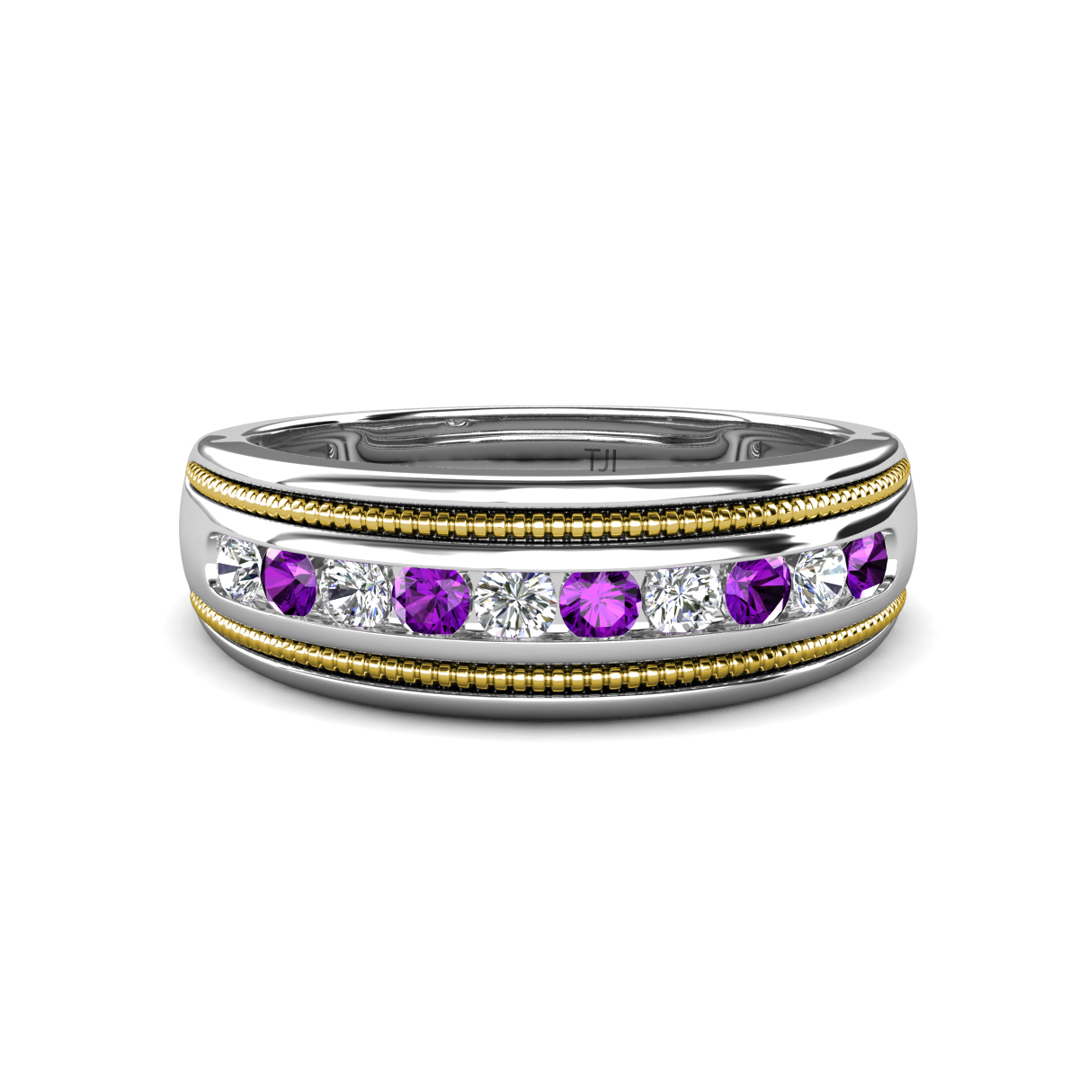 Zaid 0.58 ctw Round Lab Grown Diamond and Amethyst Two Toned and High Polished Edges Men Wedding Band (8 mm) 