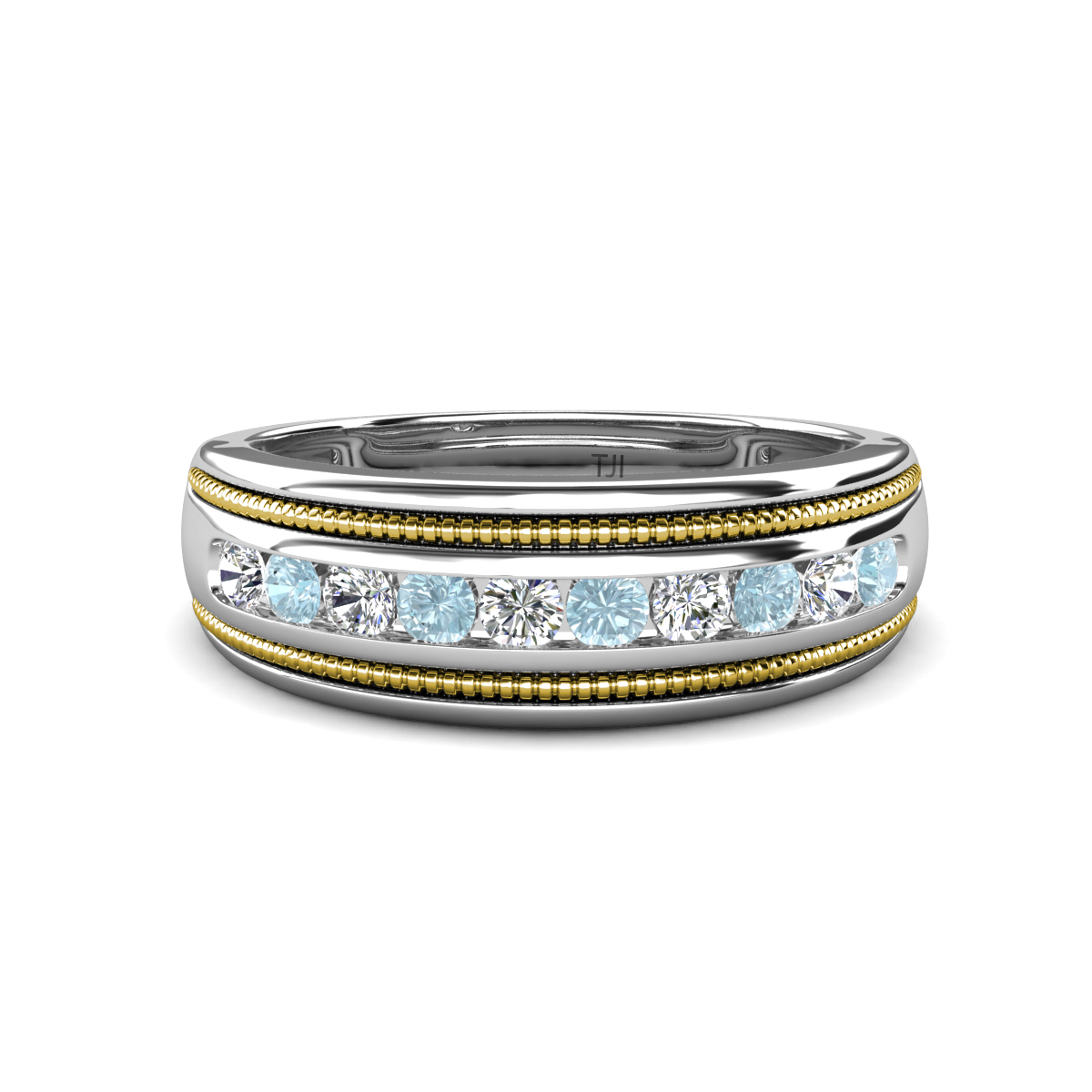 Zaid 0.45 ctw Round Natural Diamond and Aquamarine Two Toned and High Polished Edges Men Wedding Band (8 mm) 