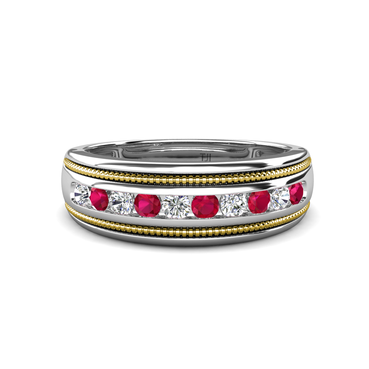 Zaid 0.55 ctw Round Natural Diamond and Ruby Two Toned and High Polished Edges Men Wedding Band (8 mm) 
